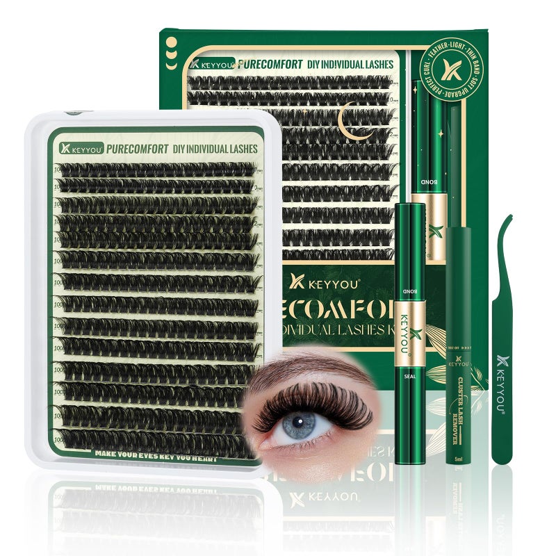 KEYYOU DIY Lash Extension Kit  280pcs Soft Clusters  100D Curl  Easy to Apply with Bond Seal  Remover  At Home